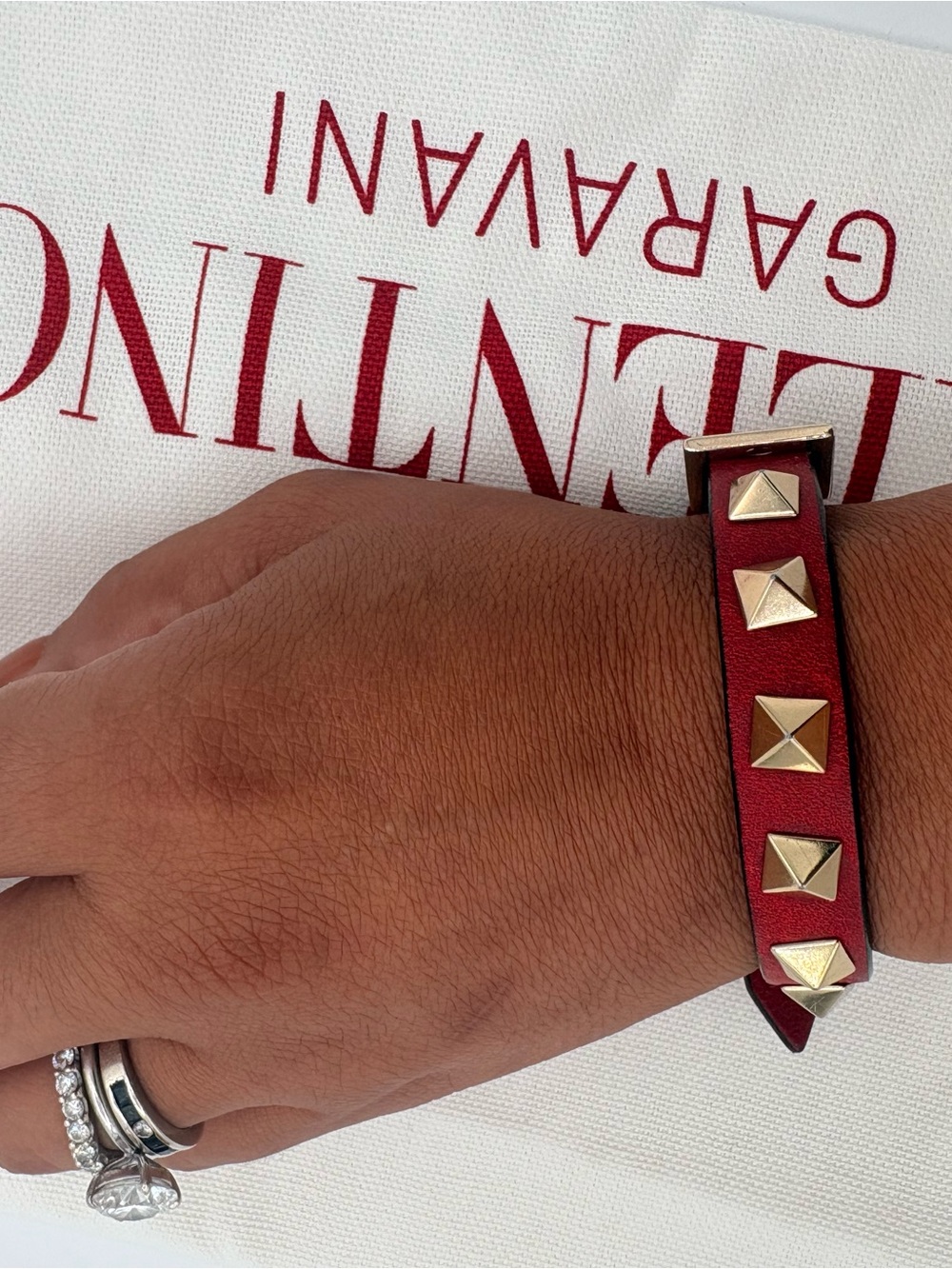Valentino Red Leather Bracelet with Gold Pyramid Studs